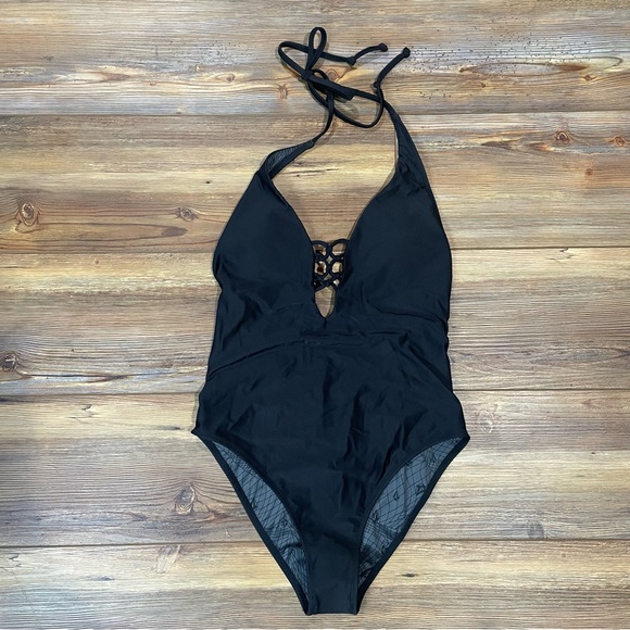 Volcom Black Simply Solid One-Piece Swimsuit Tie Halter Knotted Skimpy Small NEW - Picture 4 of 11